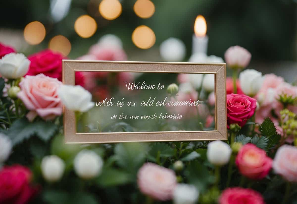 A wedding website's welcome message: "Welcome to our special day! Join us as we celebrate love and commitment. Explore our site for details and updates."