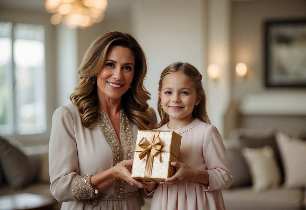 The mother of the bride presents a wrapped gift to her daughter