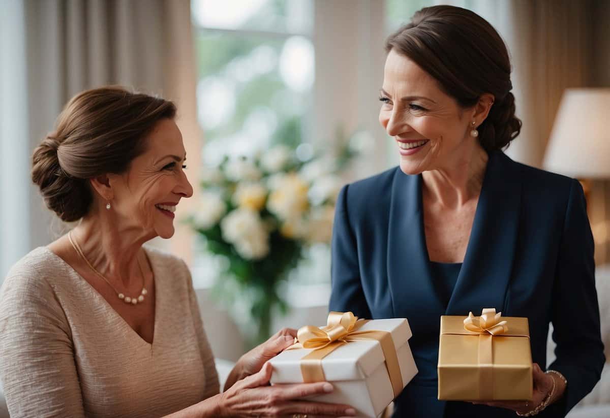 The mother of the bride presents a wrapped gift to her daughter, expressing love and support on her wedding day
