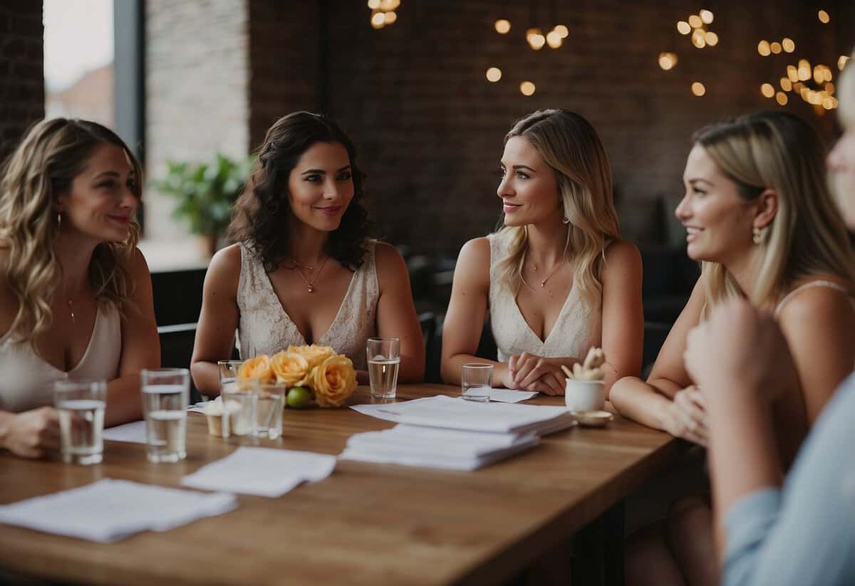 A bride sitting at a table, surrounded by friends, holding a stack of bills and looking contemplative. A group of women discussing financial aspects of the hen do