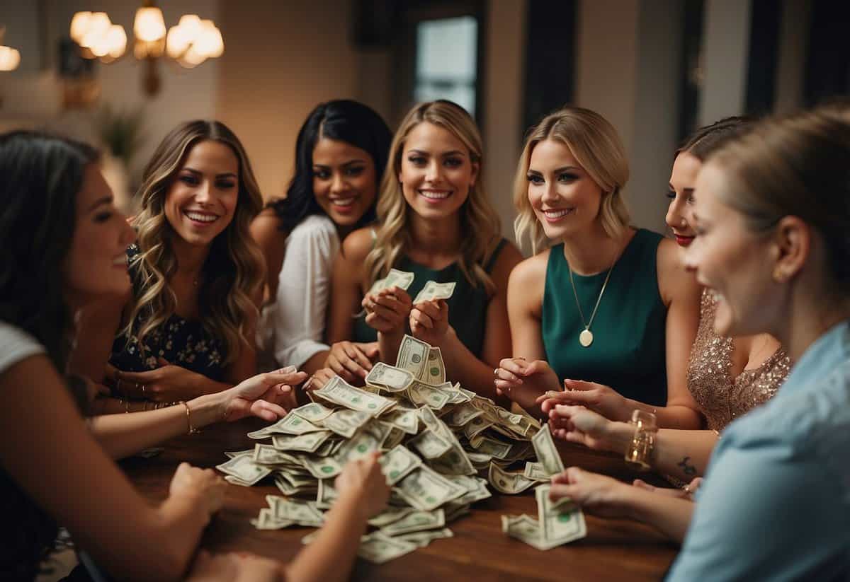 A group of women gather, some holding money while others discuss the bride's responsibility for her own hen do