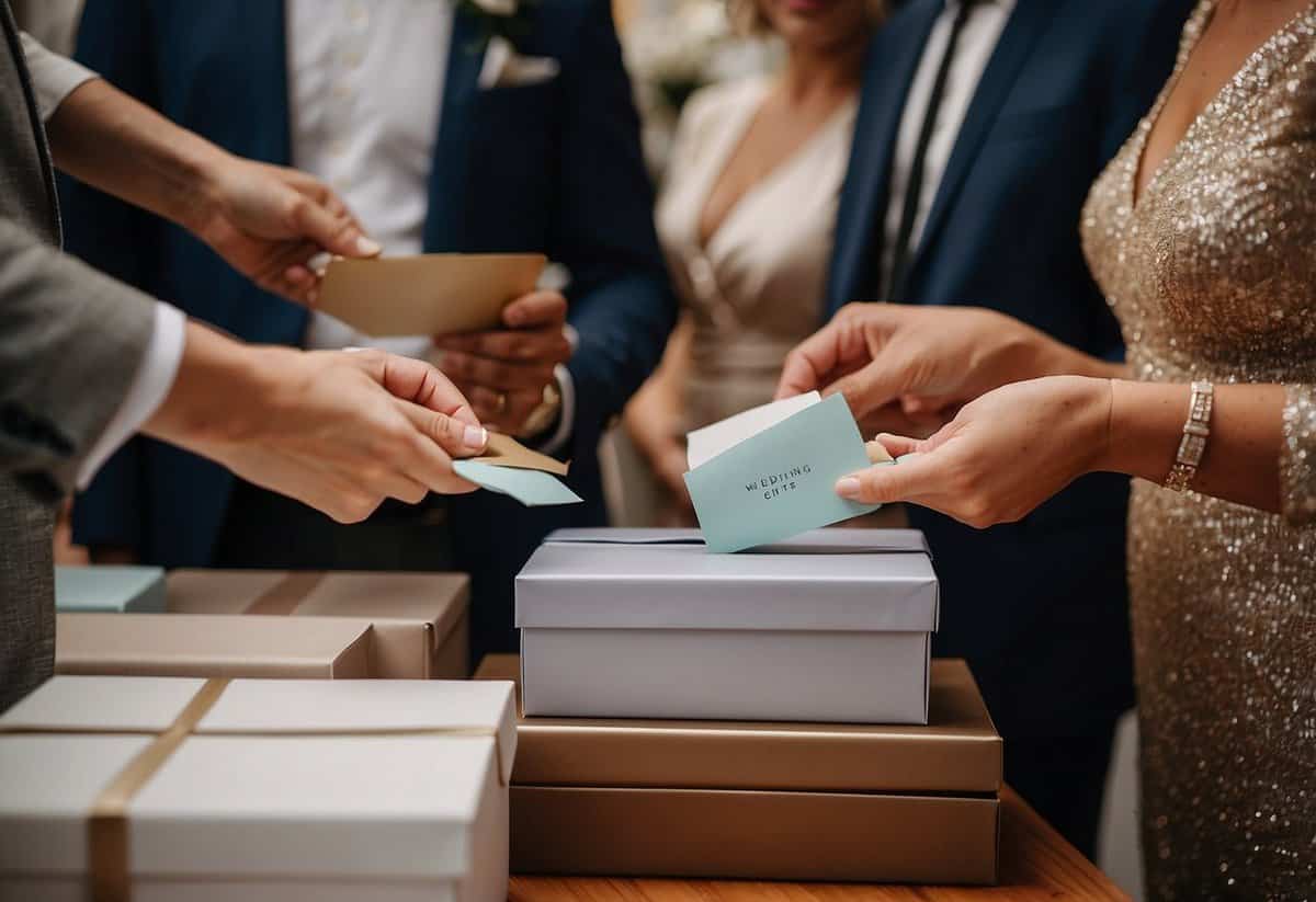 Guests placing envelopes into a decorative box labeled "Wedding Gifts" at a reception