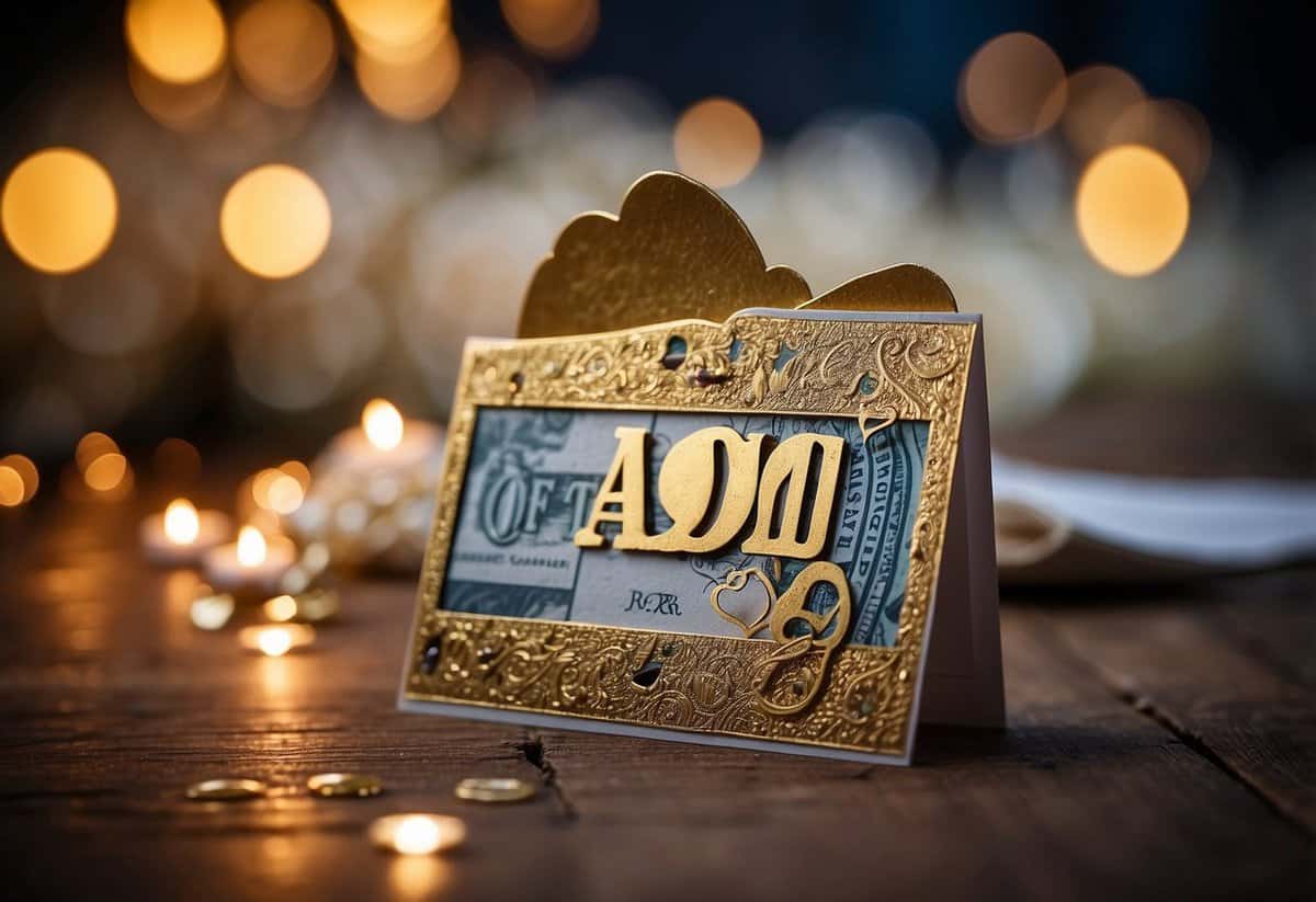 A wedding card with a slot for money, surrounded by symbols of love and celebration