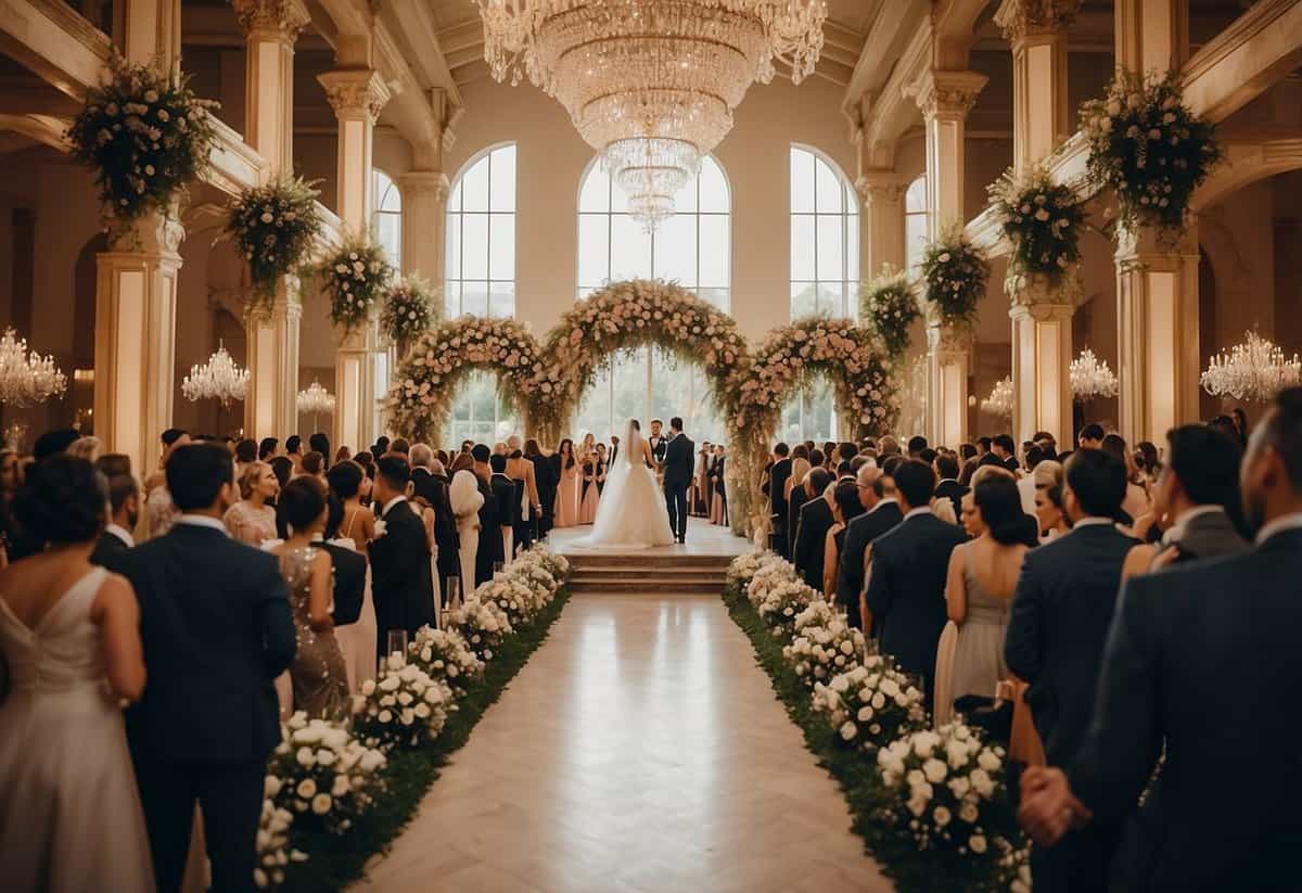 A lavish wedding venue with opulent decorations and a bustling crowd, representing the most expensive day for a wedding