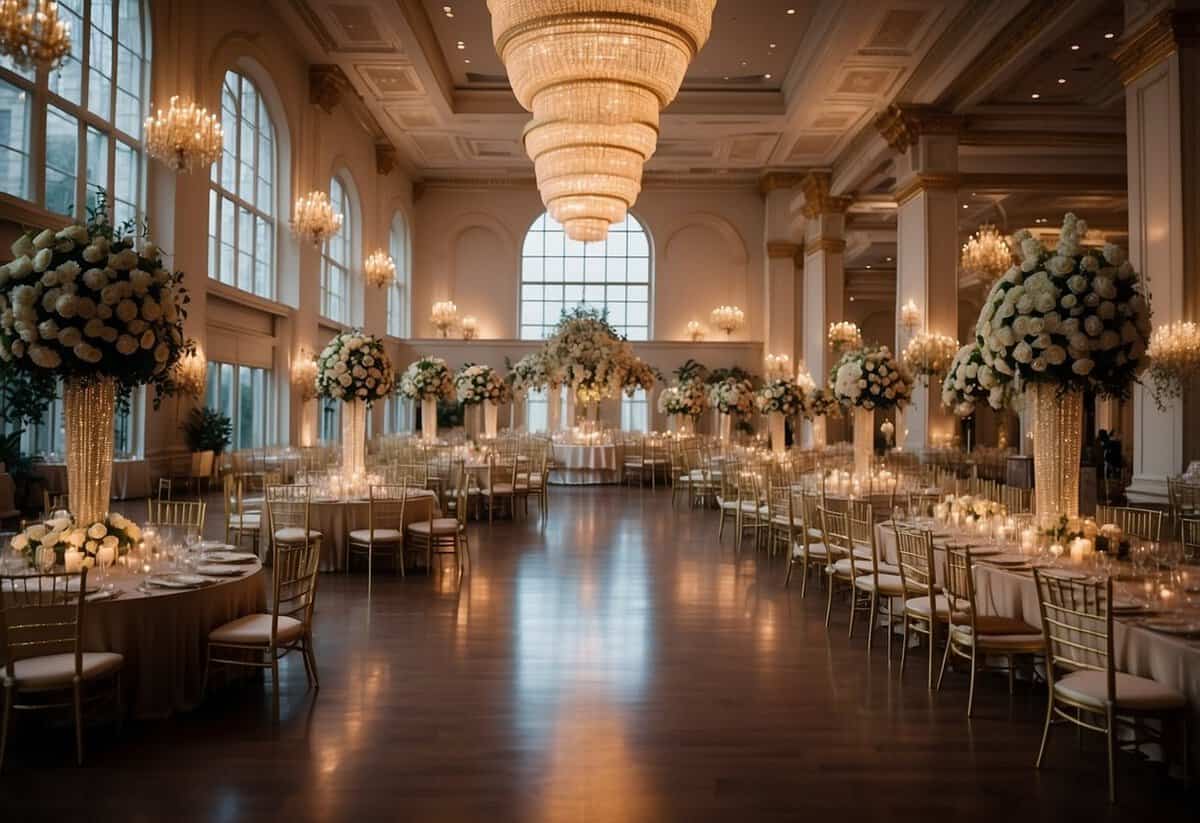 A grand ballroom filled with opulent decor, overflowing floral arrangements, and a lavish banquet setting, showcasing the extravagant influence of a lengthy guest list and a large wedding size