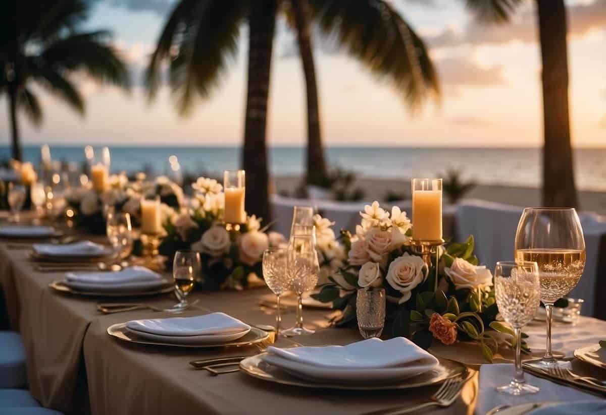 A luxurious beachfront wedding with elegant decor, tropical flowers, and a stunning sunset backdrop. A lavish reception with gourmet cuisine and champagne