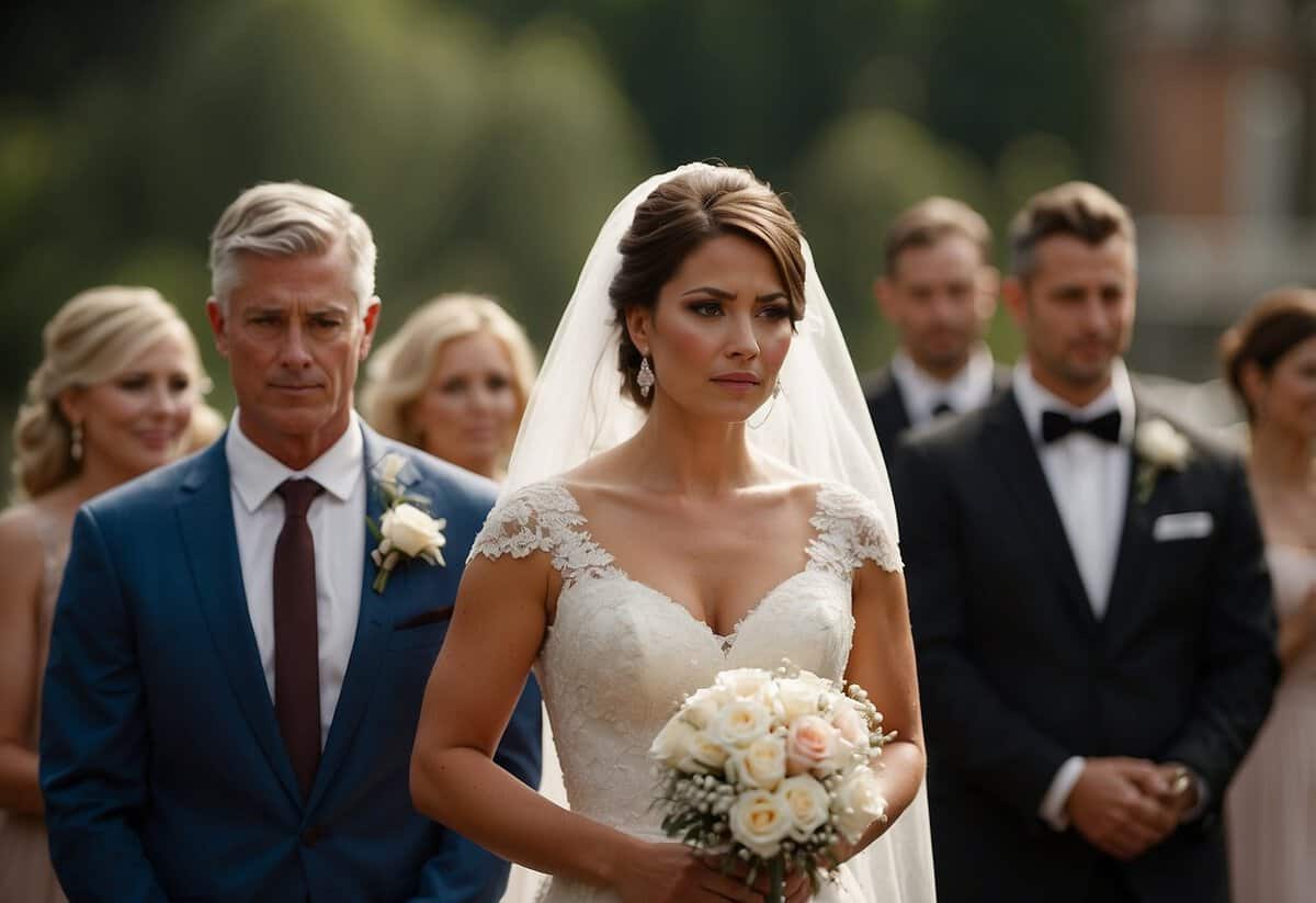 A bride wipes away tears as she walks down the aisle, surrounded by loved ones and overwhelmed with emotions