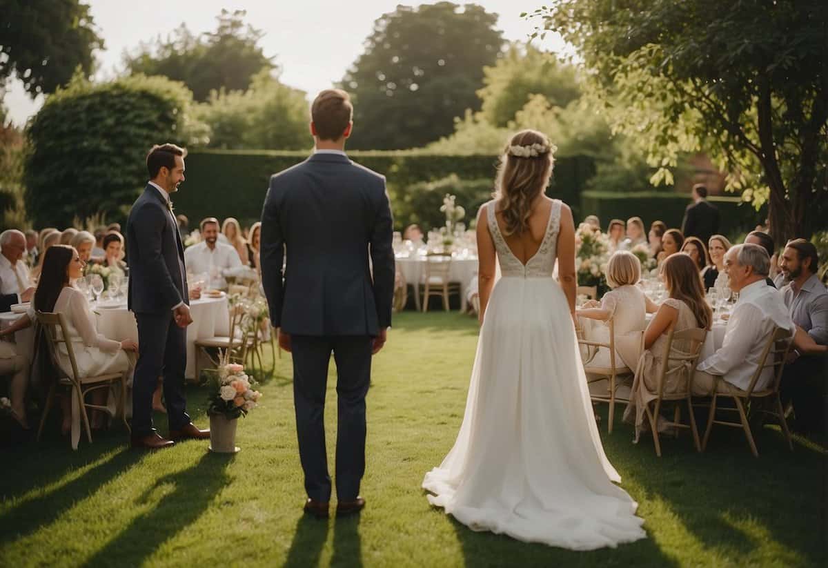 A couple stands in a serene garden, surrounded by a small intimate gathering or a large, bustling crowd. The choice between a small or big wedding is reflected in the setting, with each option evoking different emotional and personal perspectives