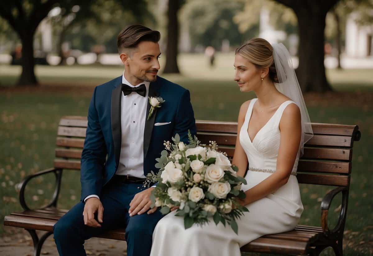 A couple sits on a park bench, the bride looking pensive while the groom consoles her. A wedding photo album lies open on their laps