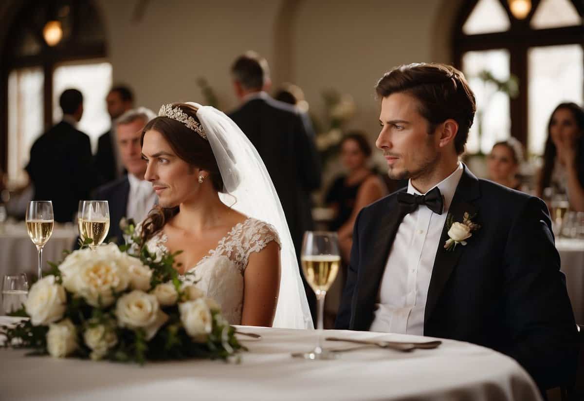 A couple sits at a table, the remnants of the wedding day scattered around. The bride looks dejected, while the groom tries to console her