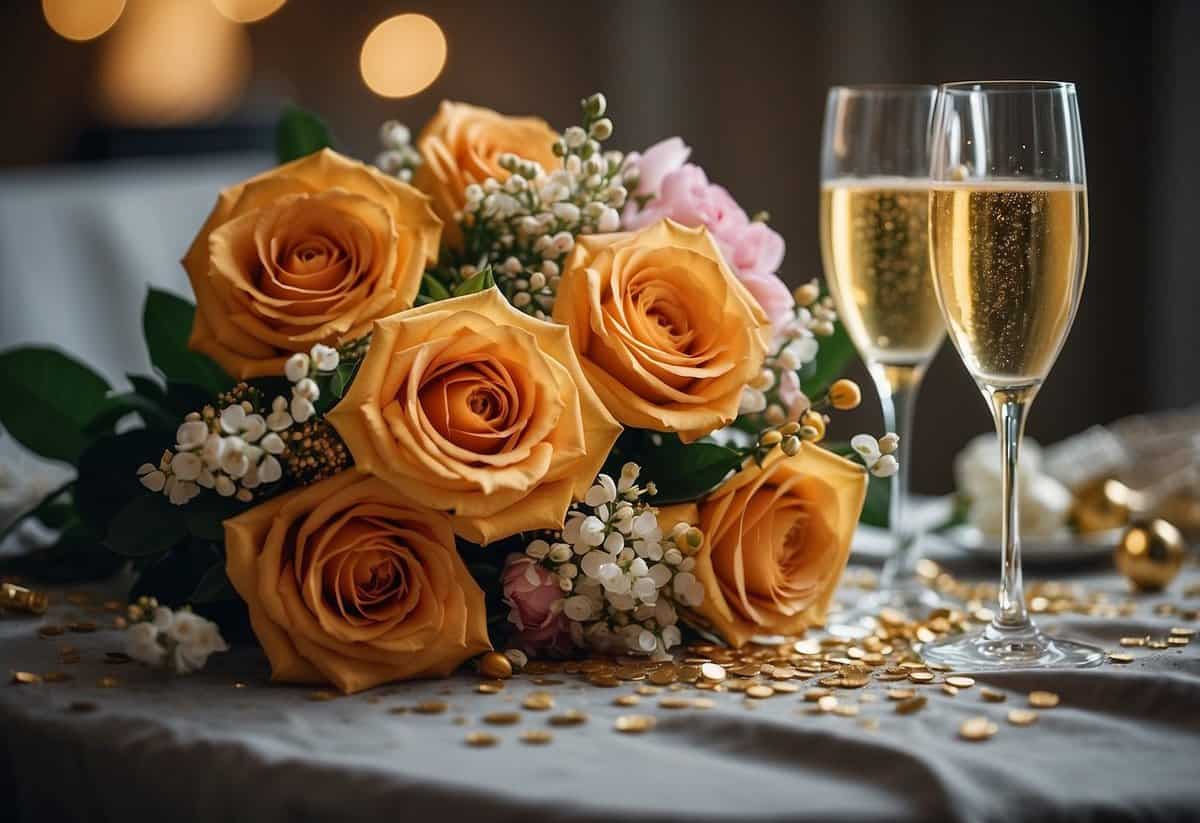 A colorful bouquet of flowers sits on a table, surrounded by scattered confetti and a pair of champagne glasses. A joyful atmosphere is evident in the scene, with a sense of celebration and love