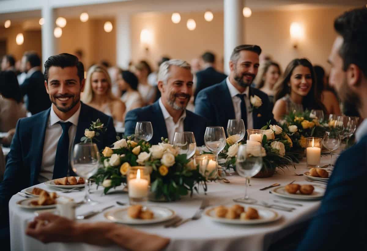 Guests mingling at a wedding reception, some seated at tables, others standing and chatting. Decorations and flowers adorn the space, and a festive atmosphere fills the room