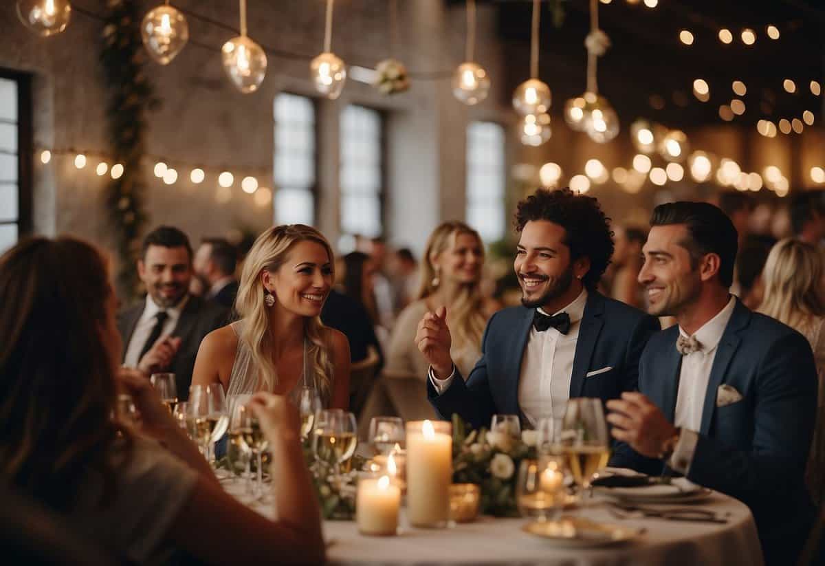 A group of people gathered at a wedding venue, some engaged in conversation while others sit at tables. The atmosphere is joyful and celebratory, with decorations and music adding to the festive mood