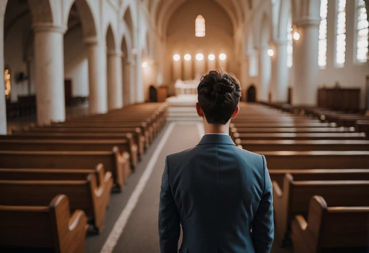 A lone figure moves gracefully down the aisle, radiating confidence and poise. The empty pews and soft lighting create a serene atmosphere