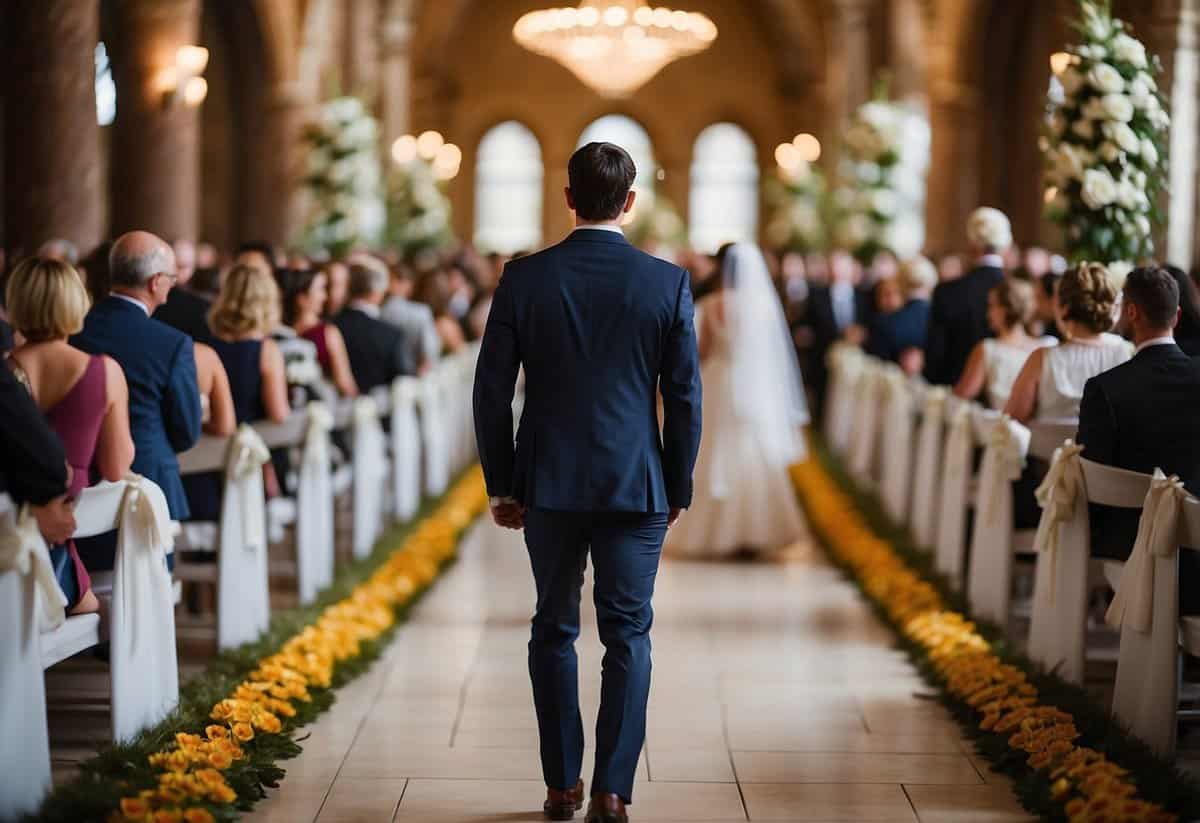A lone figure walks confidently down the aisle, capturing the attention of all in attendance. The atmosphere is filled with anticipation and excitement as the figure makes their way towards the altar