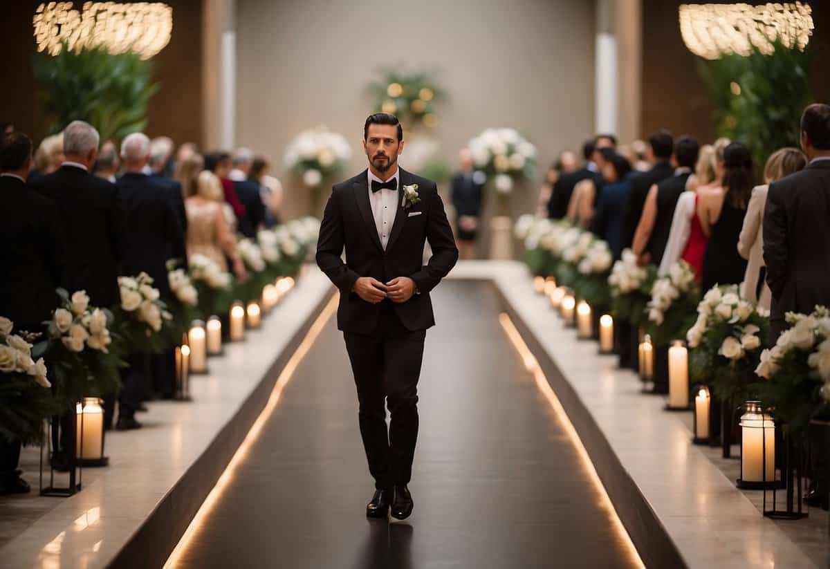 A lone figure moves confidently down the aisle, head held high and gaze forward, exuding grace and poise