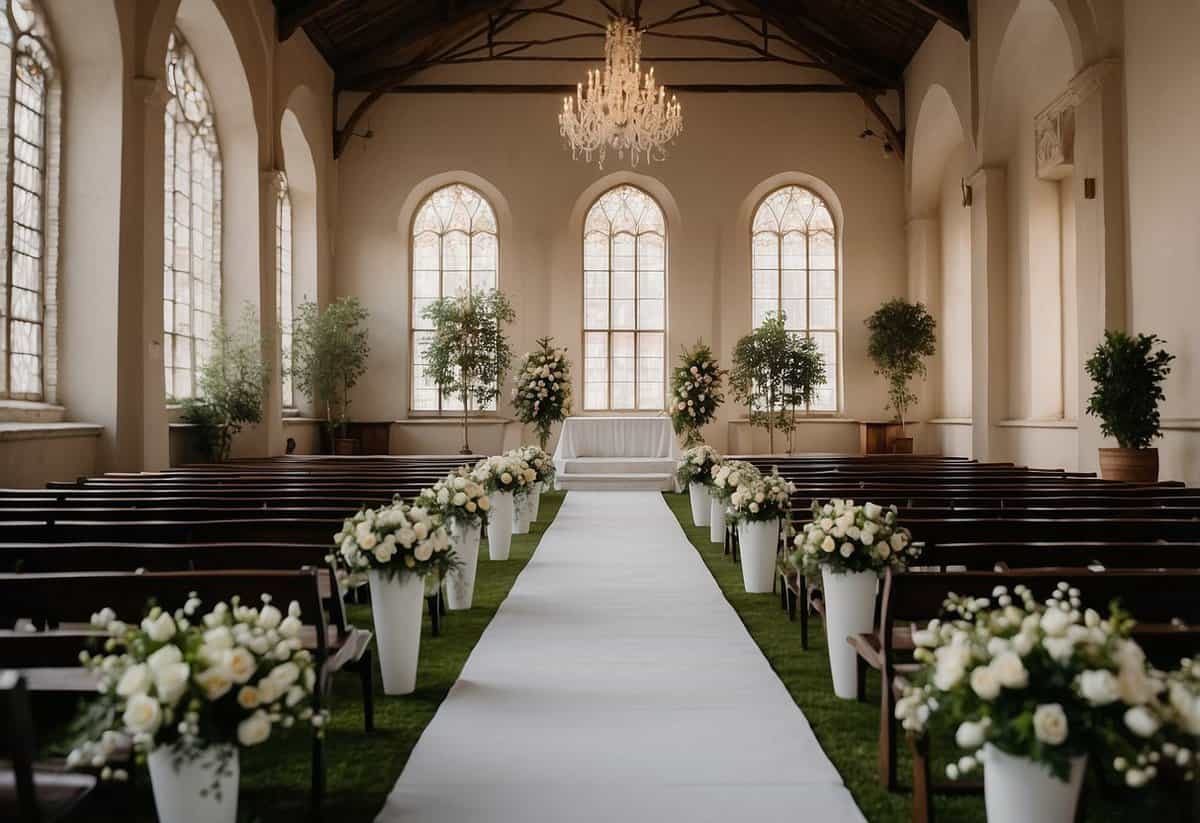 A beautifully decorated wedding venue with empty chairs and a stunning altar, devoid of any guests