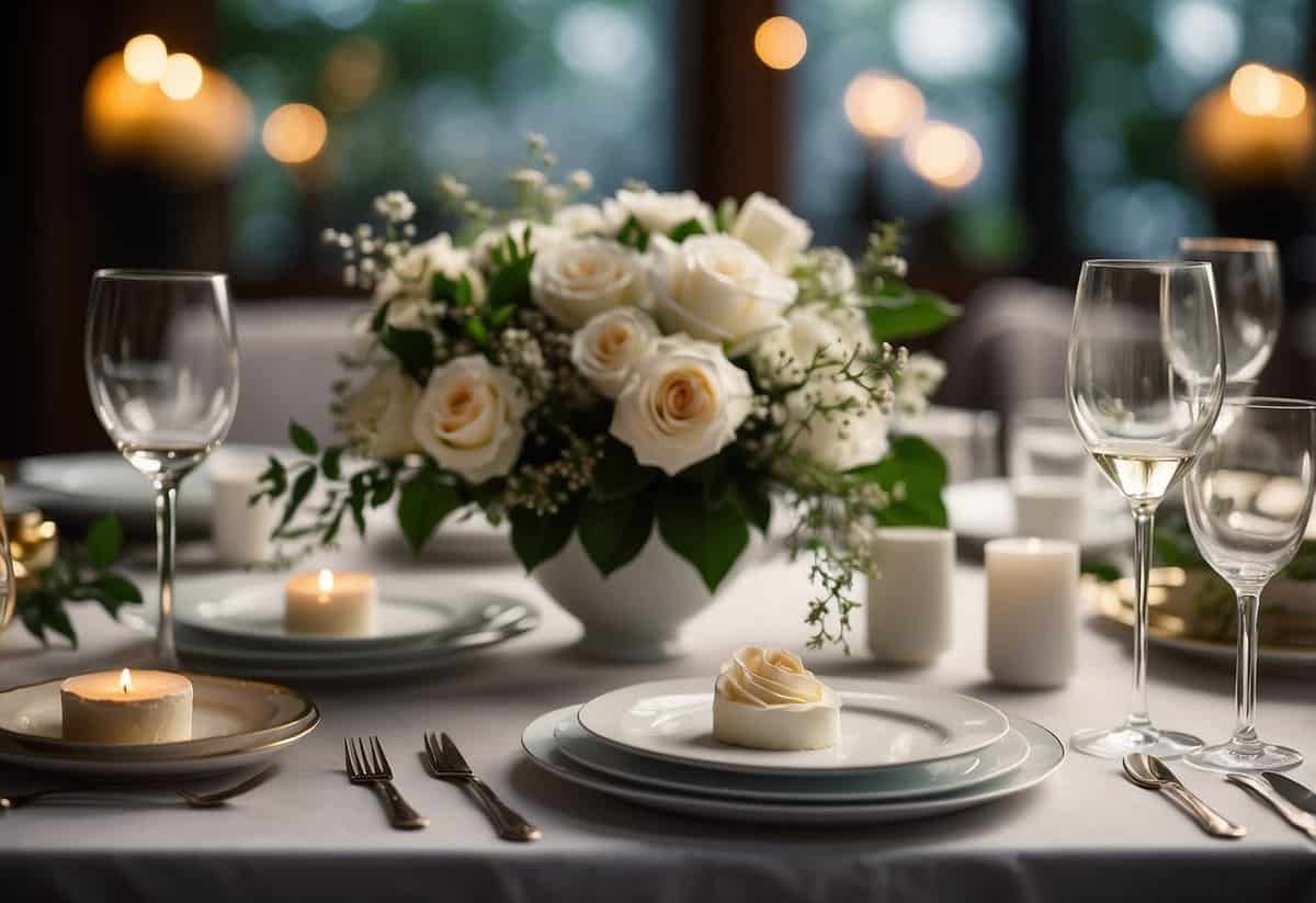 A table set for two with elegant place settings, a floral centerpiece, and a wedding cake on display