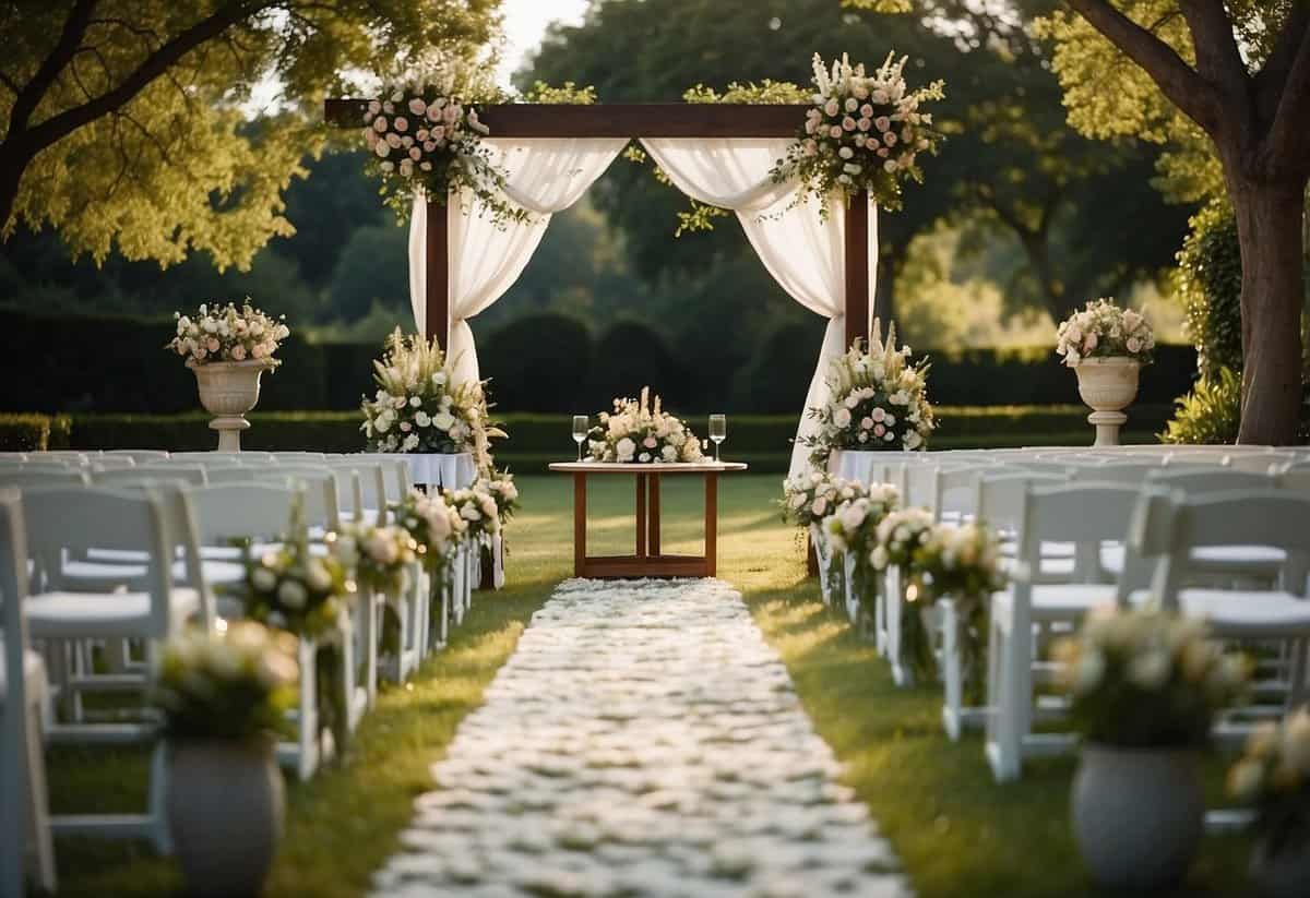 A beautifully decorated wedding altar stands empty in a serene garden setting, with no guests in sight