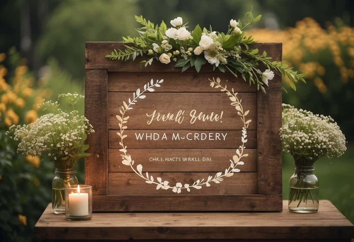 A wedding announcement displayed on a rustic wooden sign, surrounded by blooming flowers and greenery