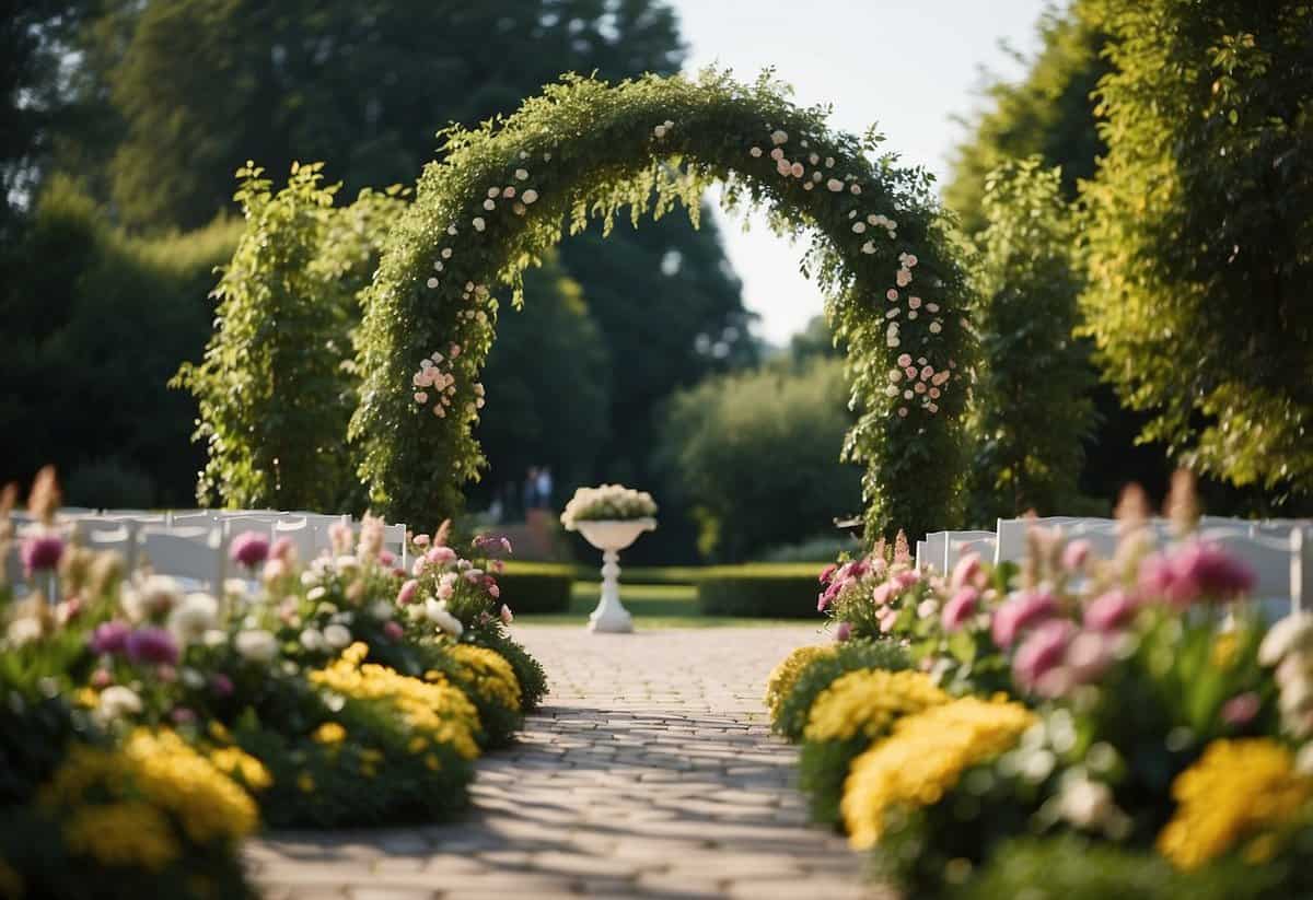 A lush garden with blooming flowers and a decorative arch, set up for a wedding ceremony