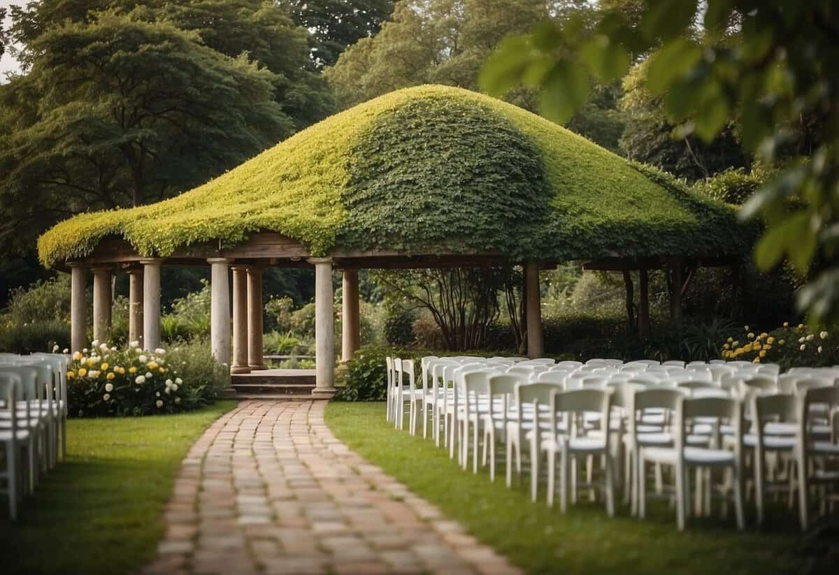 A picturesque property with lush greenery and open space, perfect for a wedding ceremony and reception. A gazebo or arch could be placed in a central location, with seating arranged for guests to witness the event
