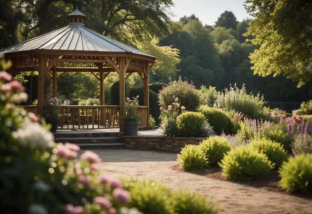 A rural property with a large outdoor space, a gazebo or pergola, and a beautiful garden surrounded by trees. A sign indicating "Wedding Venue" with contact information