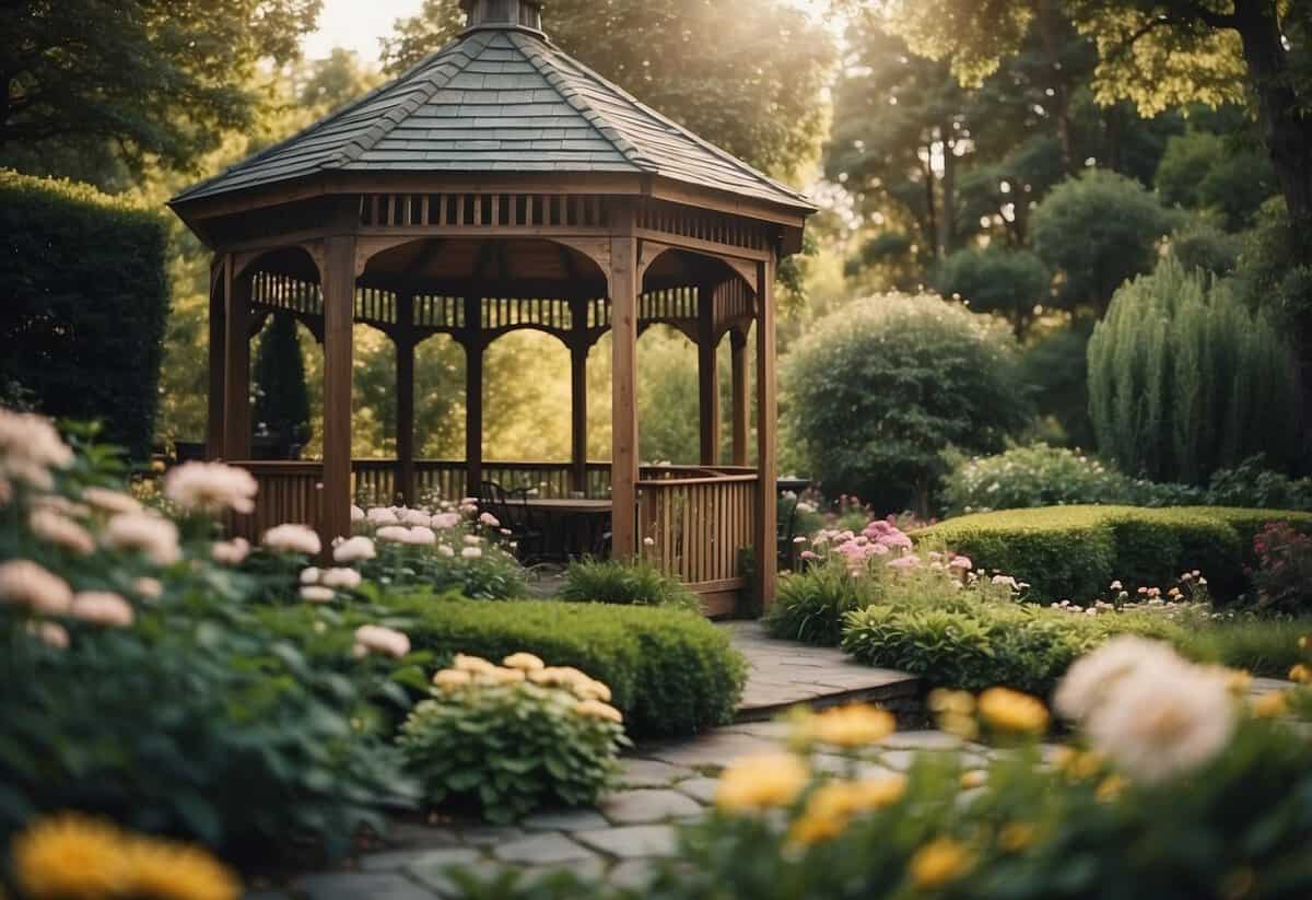 A serene backyard with a beautiful gazebo and flower-filled garden, surrounded by tall trees to block out noise and disturbance