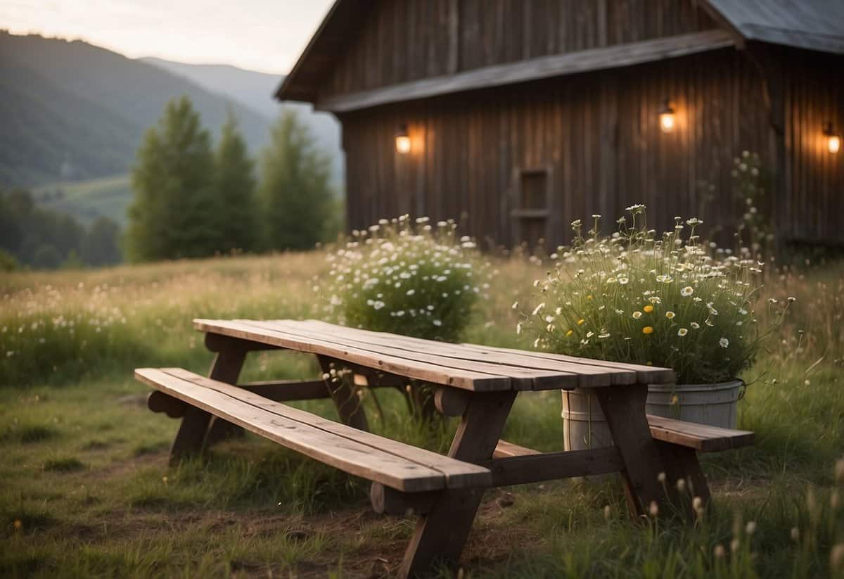 A charming outdoor setting with string lights, wooden benches, and wildflowers, set against a backdrop of rolling hills and a rustic barn