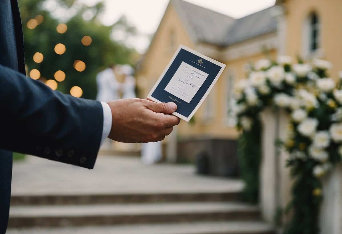 A person standing at a wedding entrance, holding a wedding invitation and gesturing to a friend to join them as a plus one