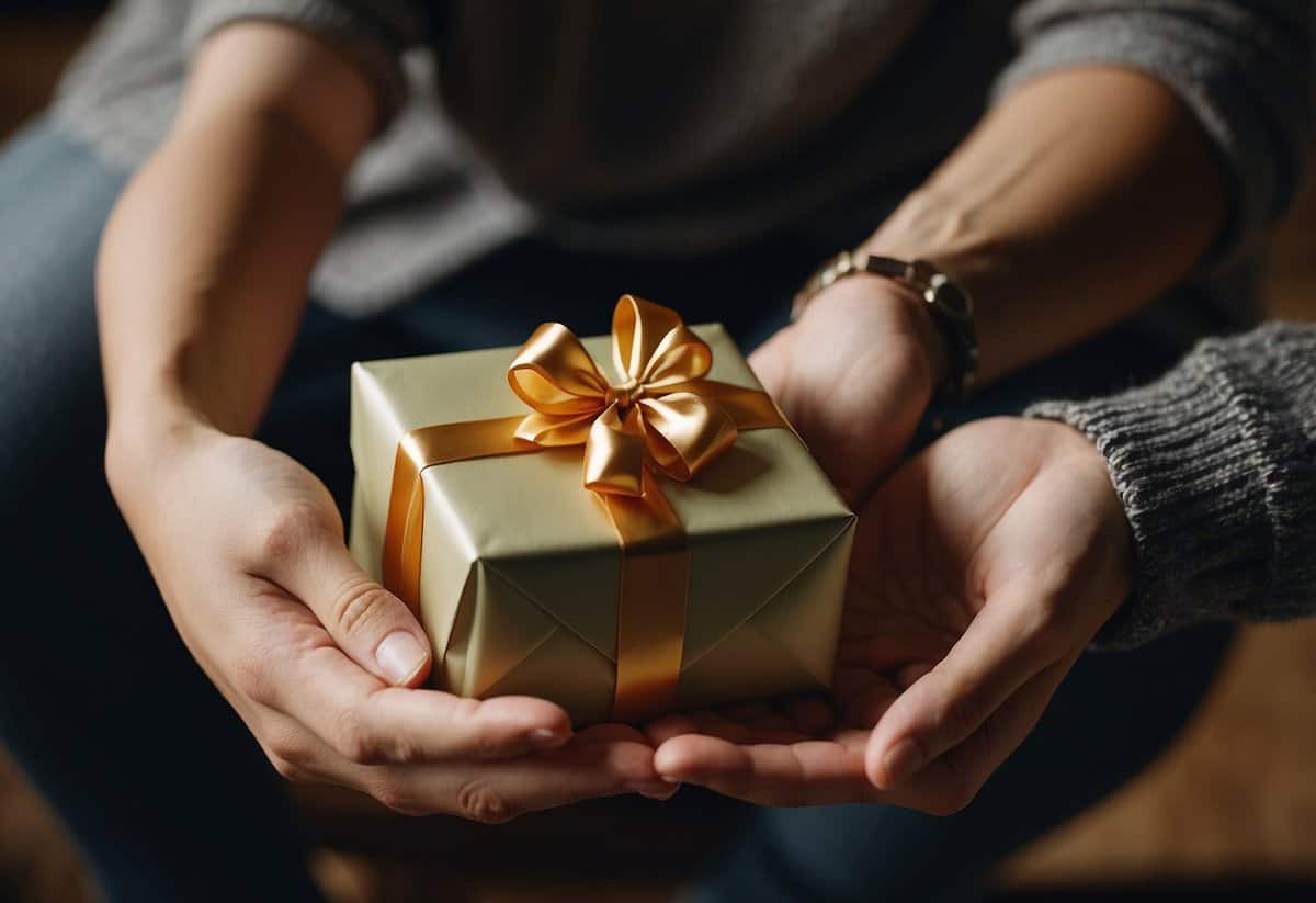 A person presents a wrapped gift to another, who smiles gratefully