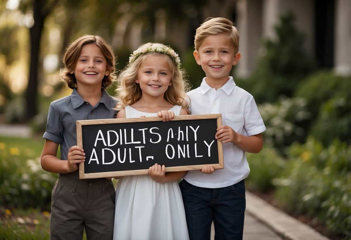 A couple politely declining children for a wedding, smiling and gesturing towards a sign that reads "Adults Only"