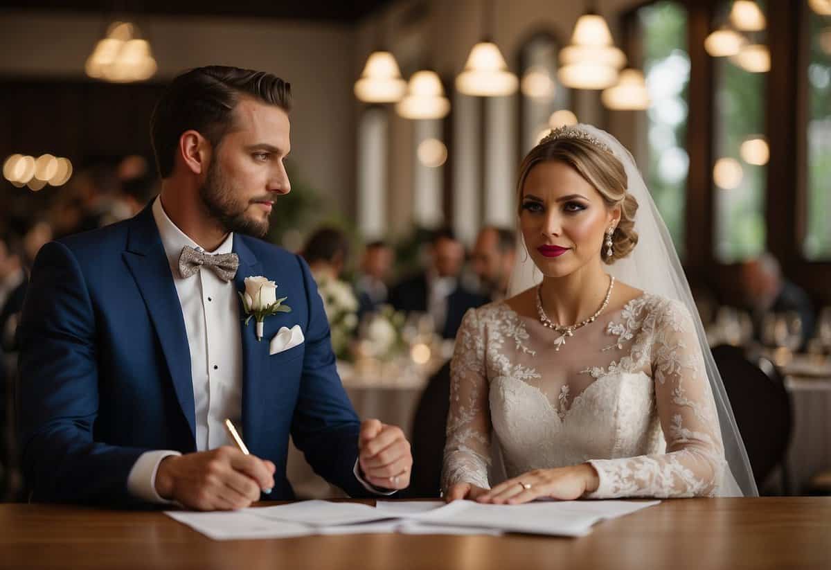 A bride and groom sit at a table, discussing wedding expenses. The bride looks unsure, while the groom gestures with a pen and paper