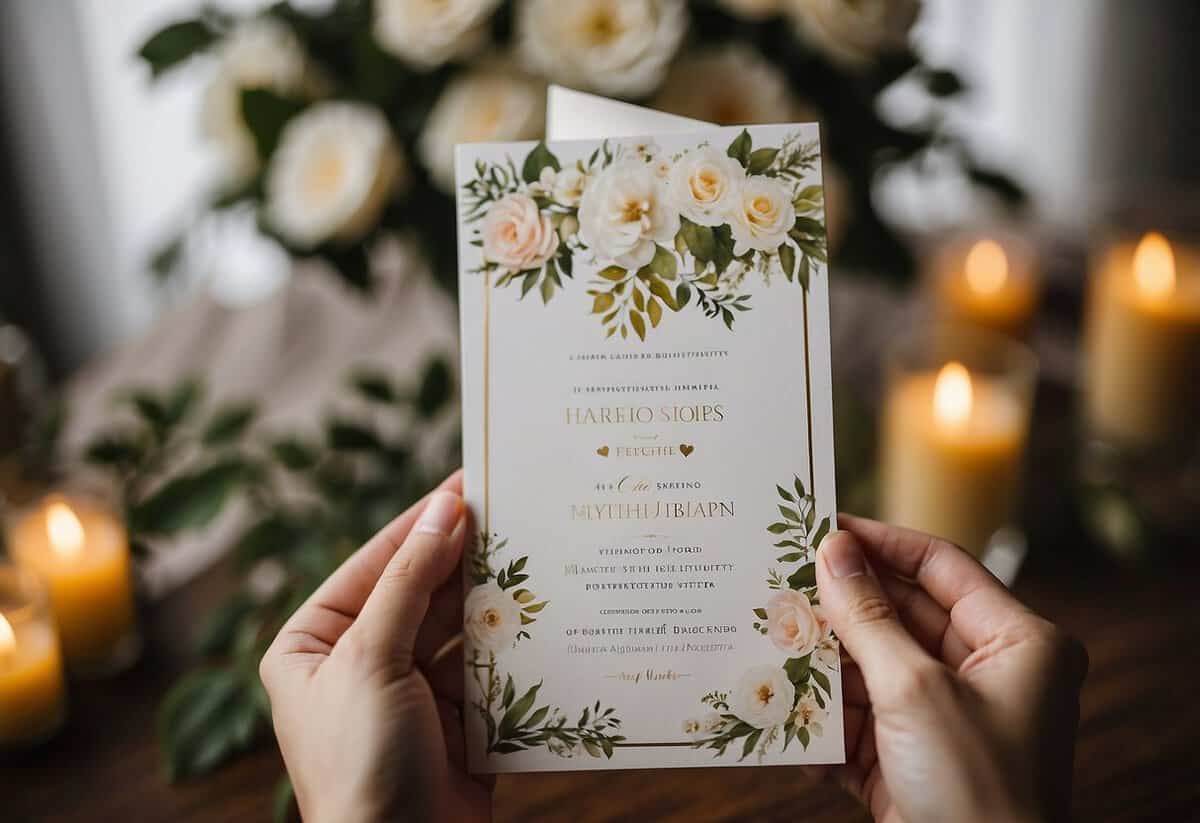 A wedding invitation surrounded by questioning family members