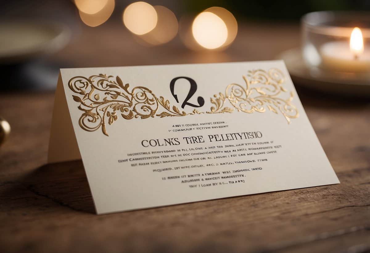 A wedding invitation with a line for "plus one" and a question mark next to it. A couple discussing who should cover the cost