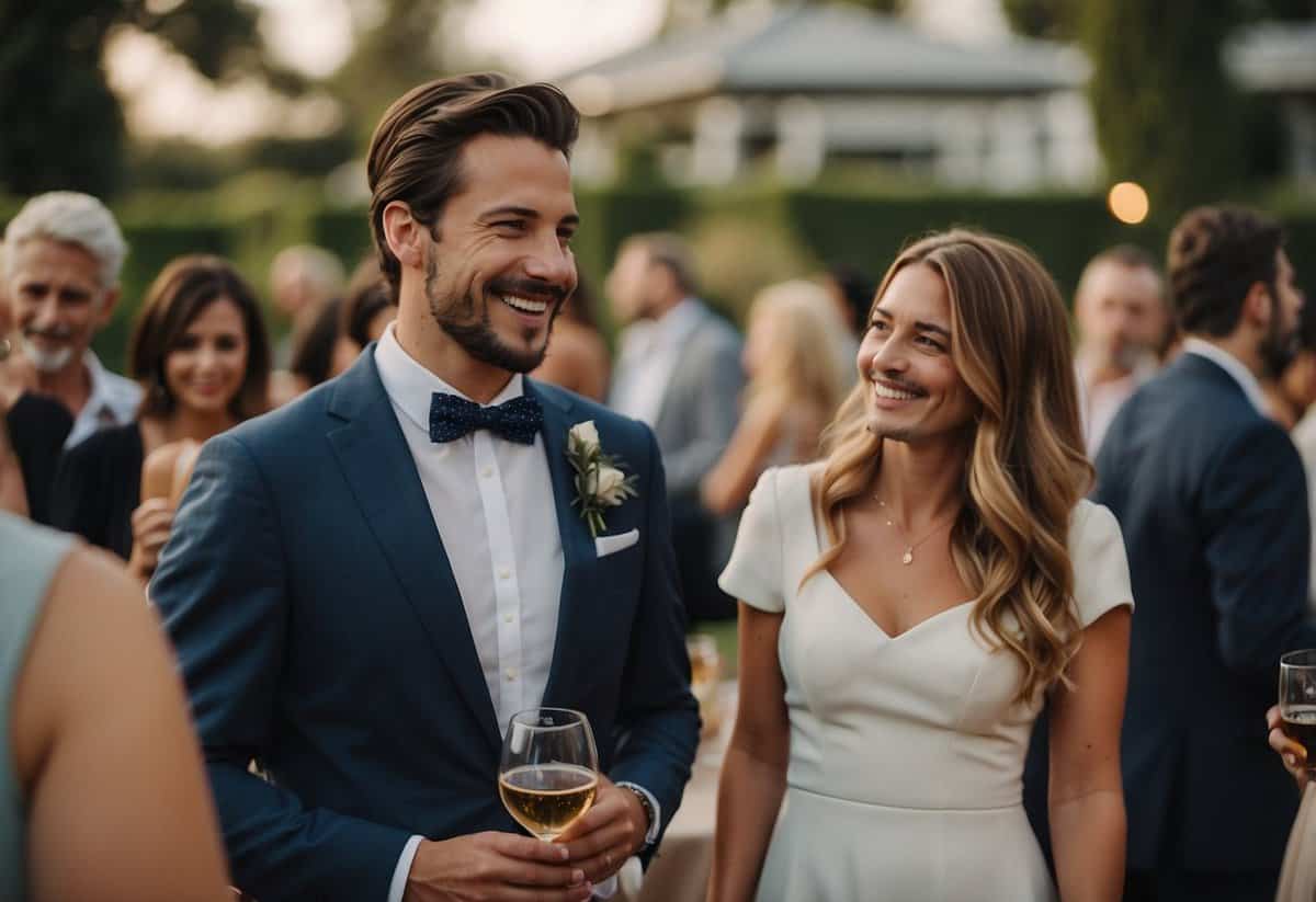 Guests mingle at a wedding, some enjoying the company of their plus ones while others navigate the social dynamics of attending solo. Comfort levels vary as individuals debate the etiquette of not receiving a plus one invitation