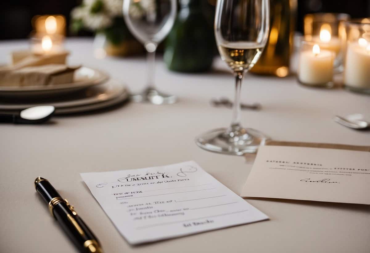 Guest list on a table with save-the-date cards. Some names crossed out, others circled. A pen hovers over the list, indicating decision-making