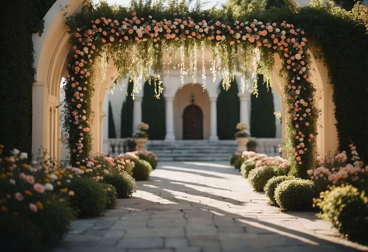 A decorative archway adorned with flowers and ribbons marks the perfect exit for the first couple leaving a wedding ceremony