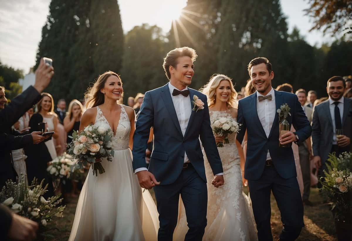 Guests exit wedding venue, some holding cameras, others with video equipment. Excitement and joy evident on their faces as they capture the special moment