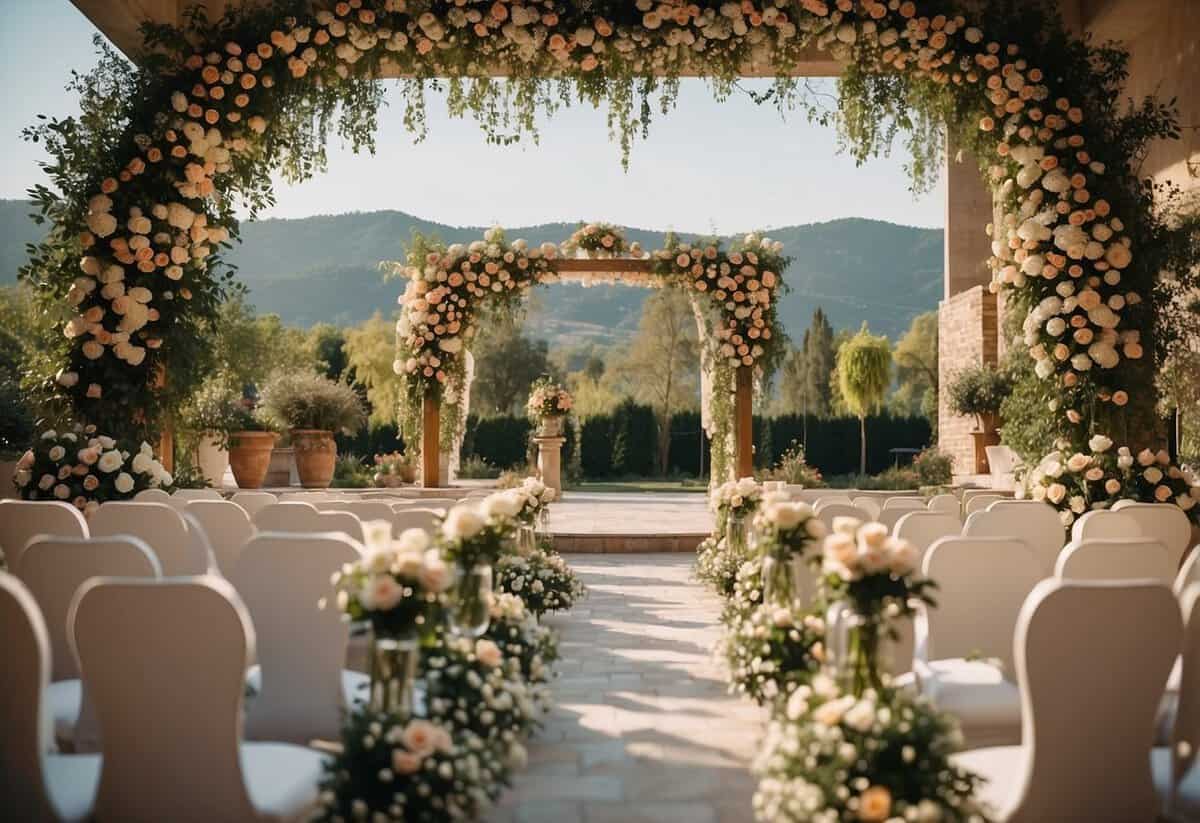 A decorated wedding venue with flowers, a beautiful arch, and seating for guests