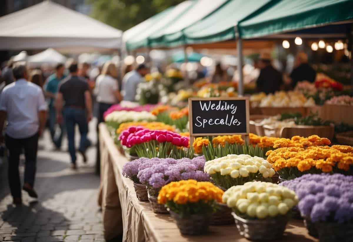 A bustling outdoor market with colorful tents and vendors selling flowers, cakes, and decorations. A sign indicates "Wedding Day Specials" on a busy Saturday