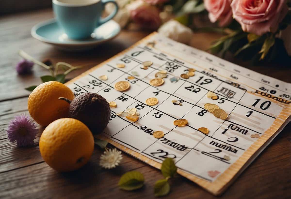 A calendar with various dates circled, surrounded by wedding-related symbols and decorations