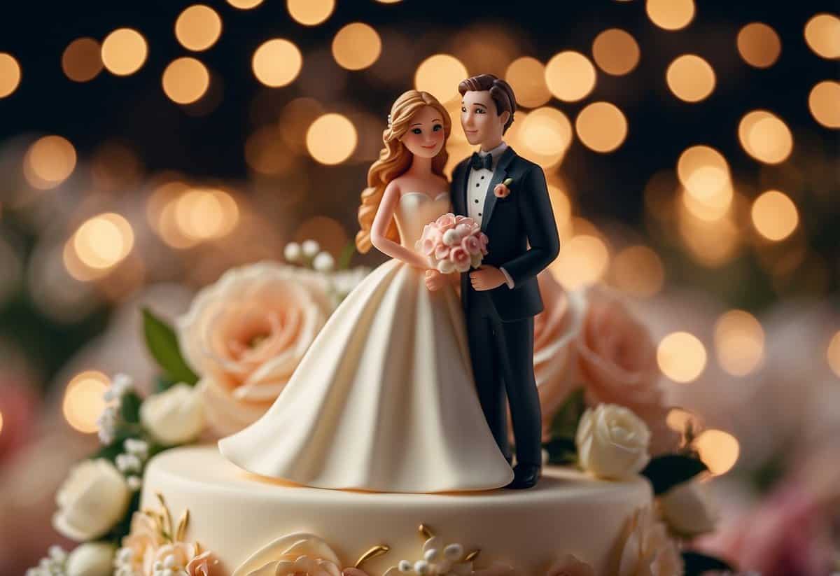 A wedding cake with a topper showing a young bride and groom, surrounded by floral decorations and romantic lighting