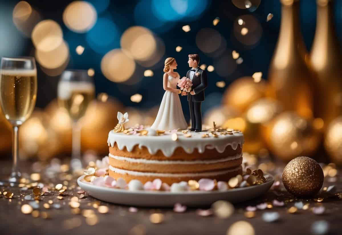 A wedding cake topper with a bride and groom figurine, surrounded by scattered confetti and empty champagne glasses