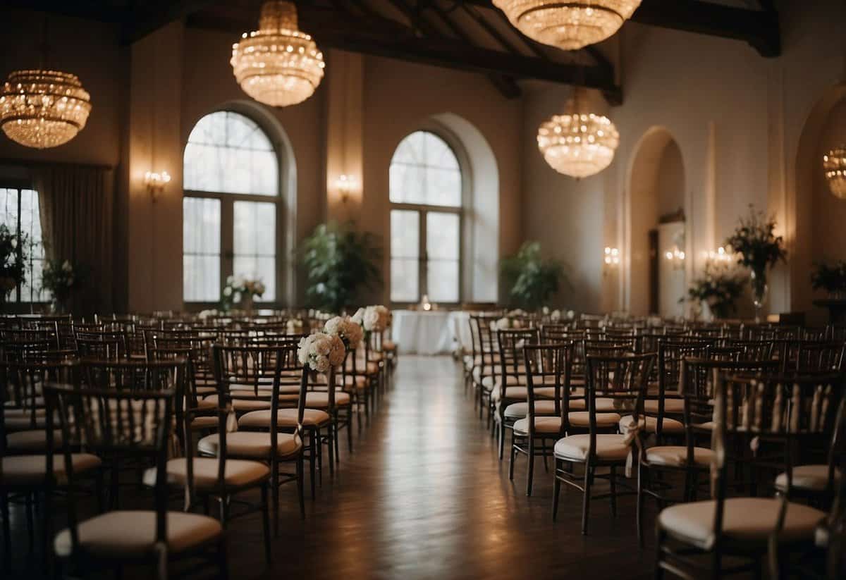 A deserted wedding venue in a dimly lit room with empty chairs and untouched decorations, indicating a lack of guests