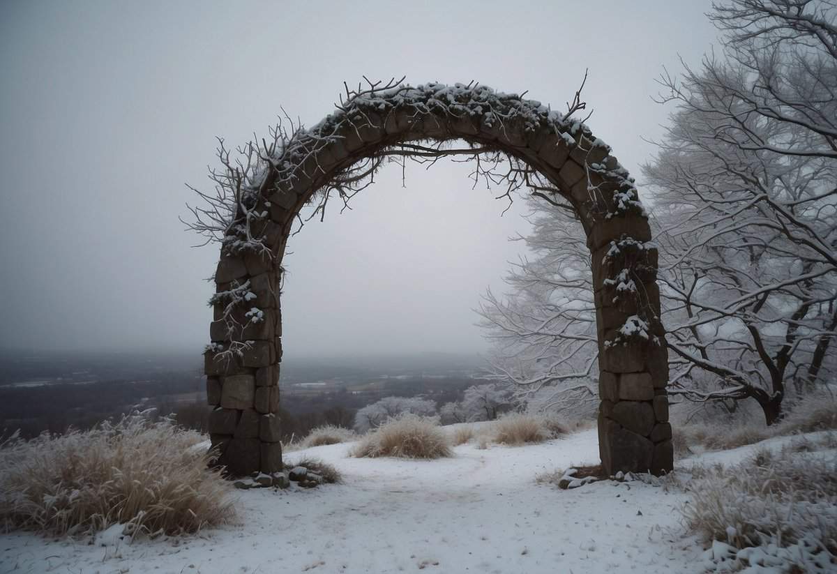A deserted, snow-covered landscape with a lone wedding arch, surrounded by bare trees, on a cold and overcast day in January