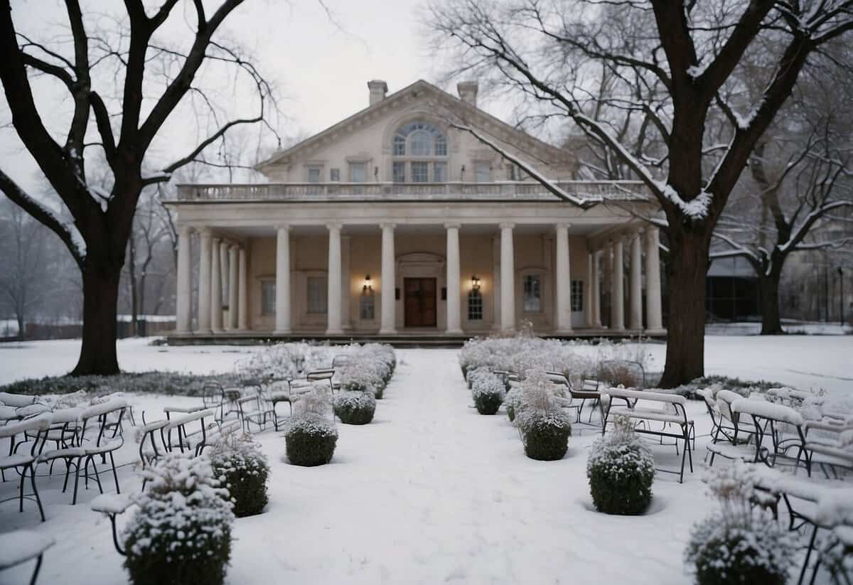 A deserted wedding venue in February, with snow covering the ground and bare trees in the background