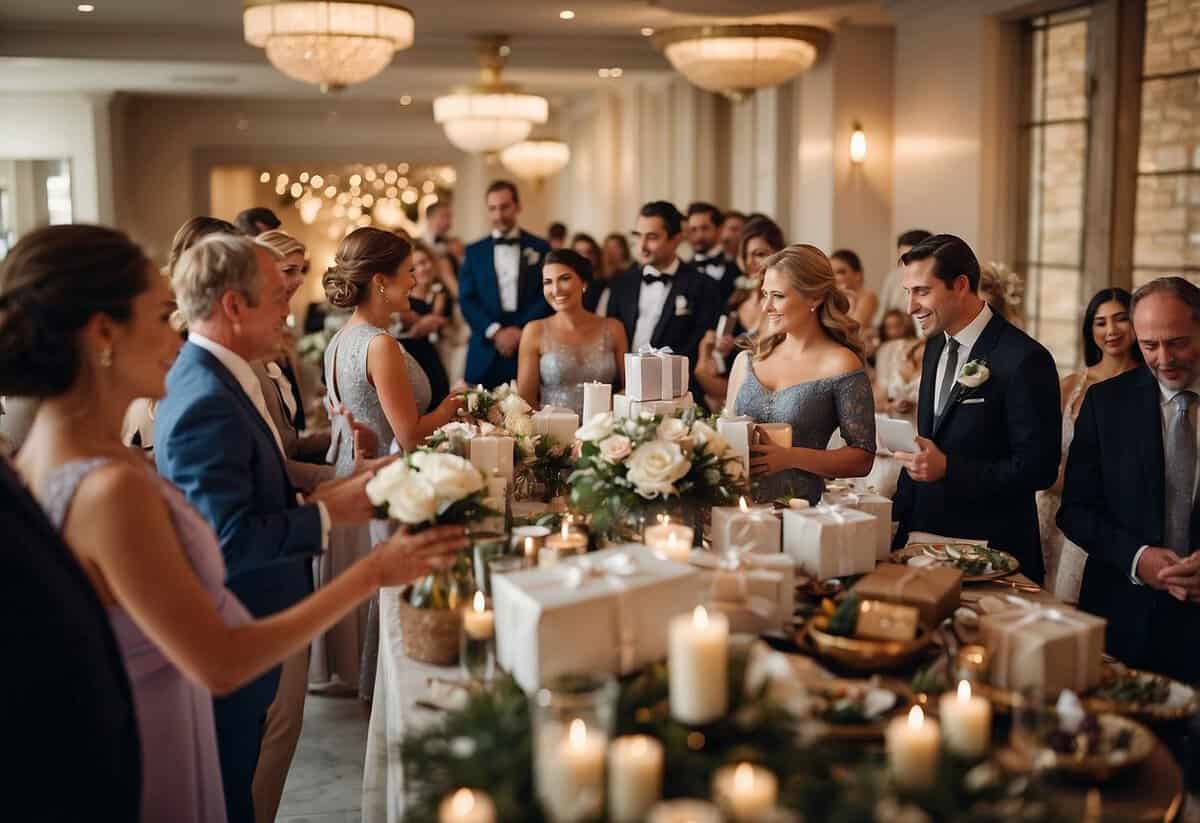 A room filled with wedding guests, some holding gifts, others empty-handed. A sign reads "Gift Table" with a line graph showing the percentage of guests who don't give a gift