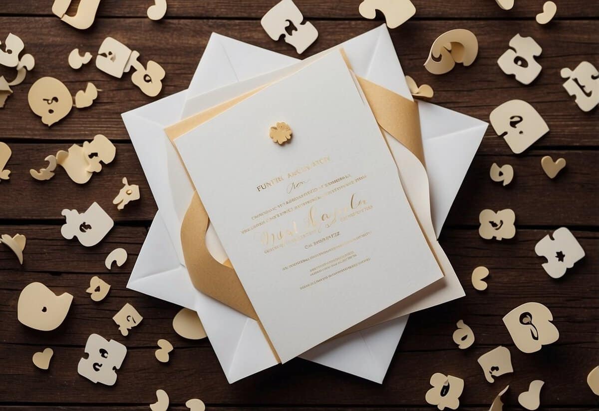 A wedding invitation with a blank space for a guest's name, surrounded by question marks and puzzled expressions