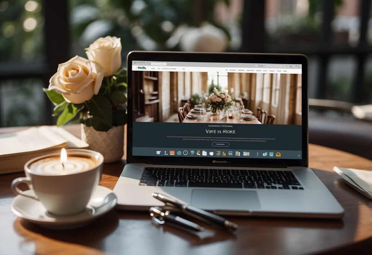 A laptop with a wedding website on the screen, surrounded by a pen, notebook, and a cup of coffee